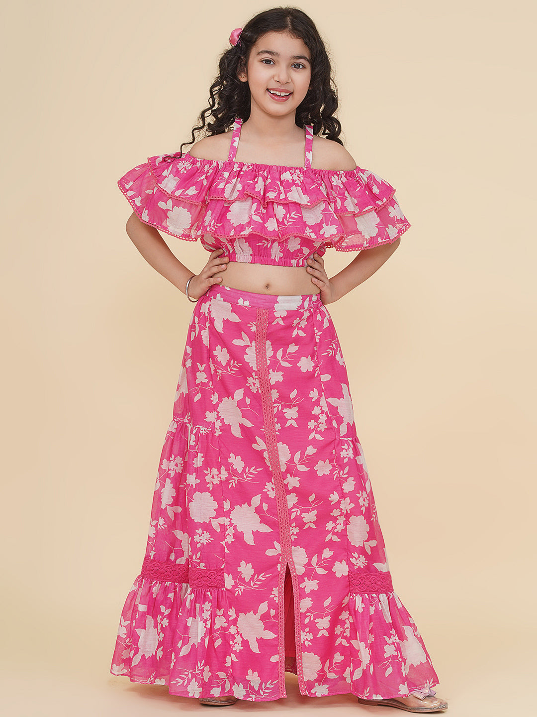 Girls Pink & White Printed Top & Ready to Wear Skirt