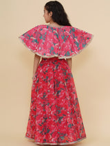 Girls Pink & Green Printed Choli Cape Style & Ready to Wear Lehenga