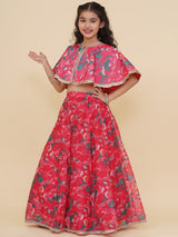 Girls Pink & Green Printed Choli Cape Style & Ready to Wear Lehenga