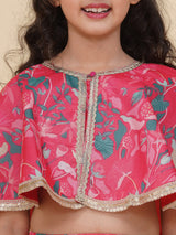 Girls Pink & Green Printed Choli Cape Style & Ready to Wear Lehenga