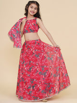 Girls Pink & Green Printed Choli Cape Style & Ready to Wear Lehenga