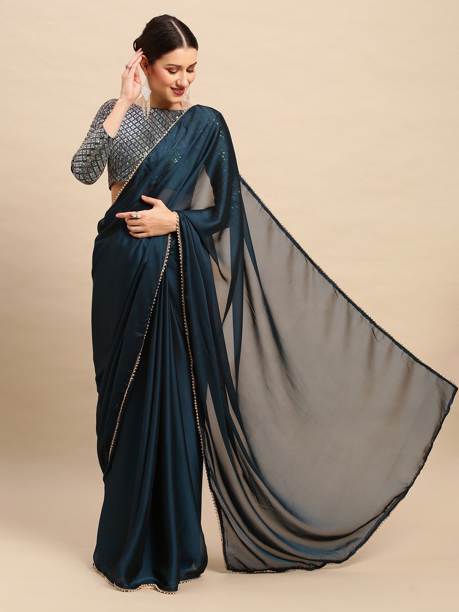 Women's Georgette Blue Solid Designer Saree with Blouse Piece