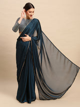 Women's Georgette Blue Solid Designer Saree with Blouse Piece