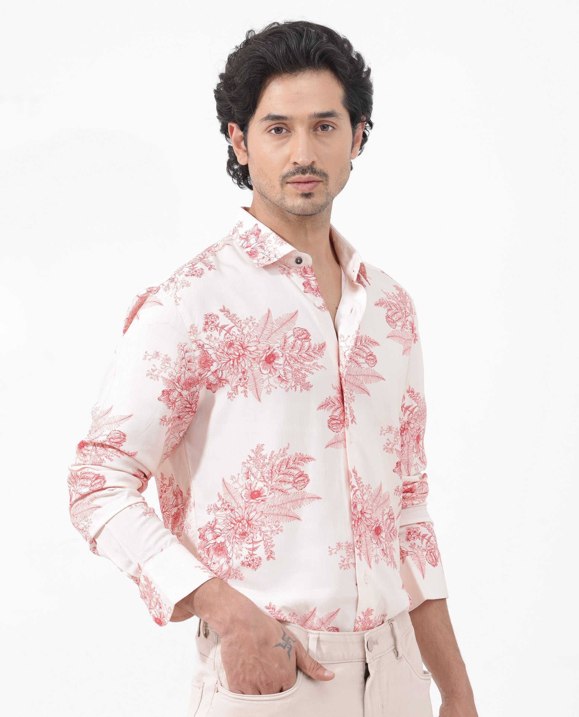 Men's Pink Casual Regular Fit Printed Full Sleeves Shirt