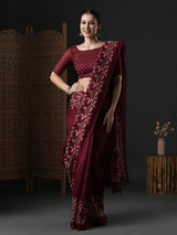 Women's Cotton Slub Burgundy Printed Designer Saree With Blouse Piece