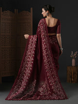 Women's Cotton Slub Burgundy Printed Designer Saree With Blouse Piece