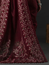 Women's Cotton Slub Burgundy Printed Designer Saree With Blouse Piece
