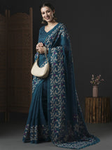 Women's Cotton Slub Blue Printed Designer Saree with Blouse Piece