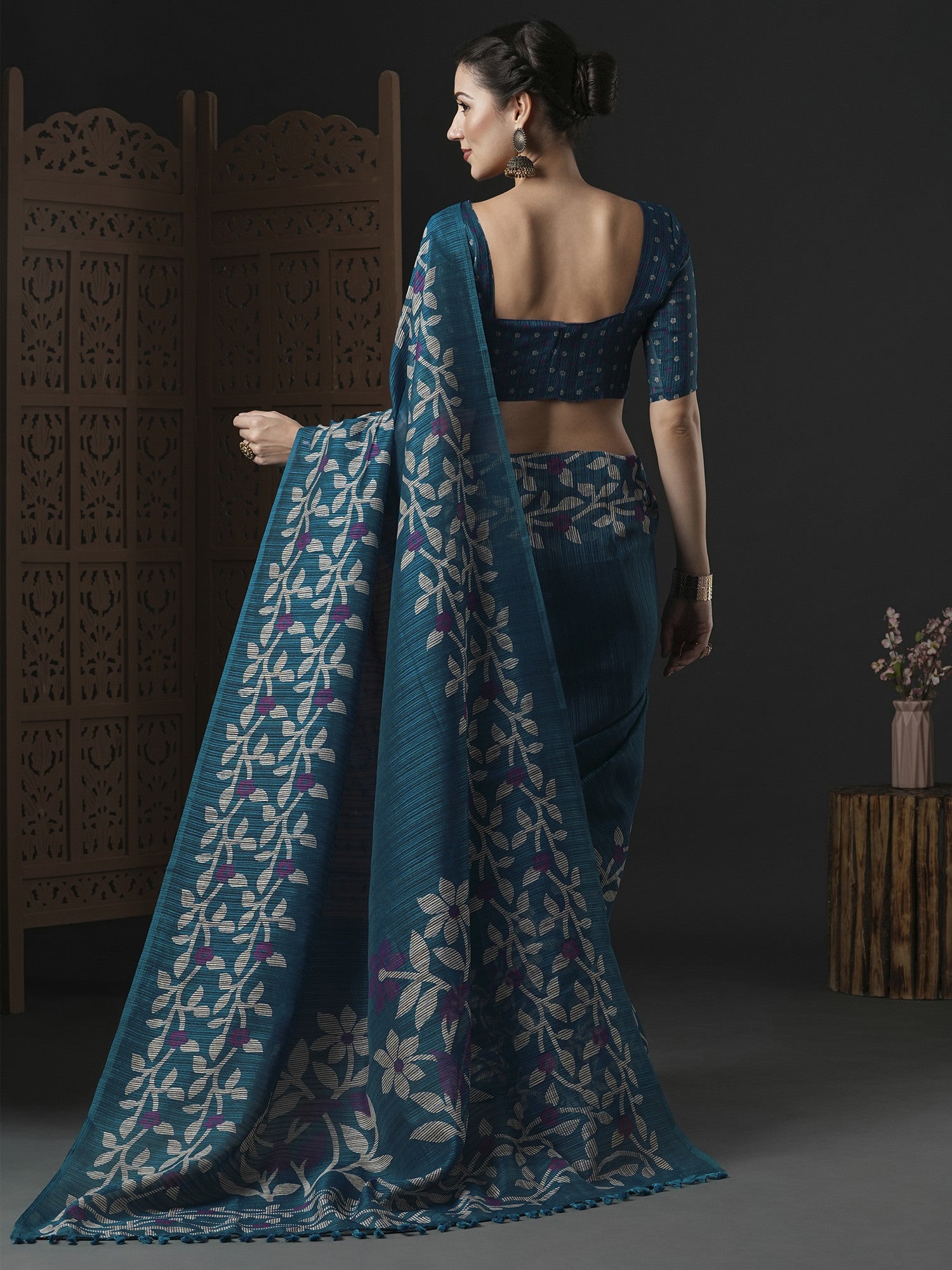 Women's Cotton Slub Blue Printed Designer Saree with Blouse Piece