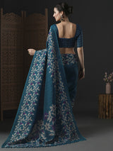 Women's Cotton Slub Blue Printed Designer Saree with Blouse Piece