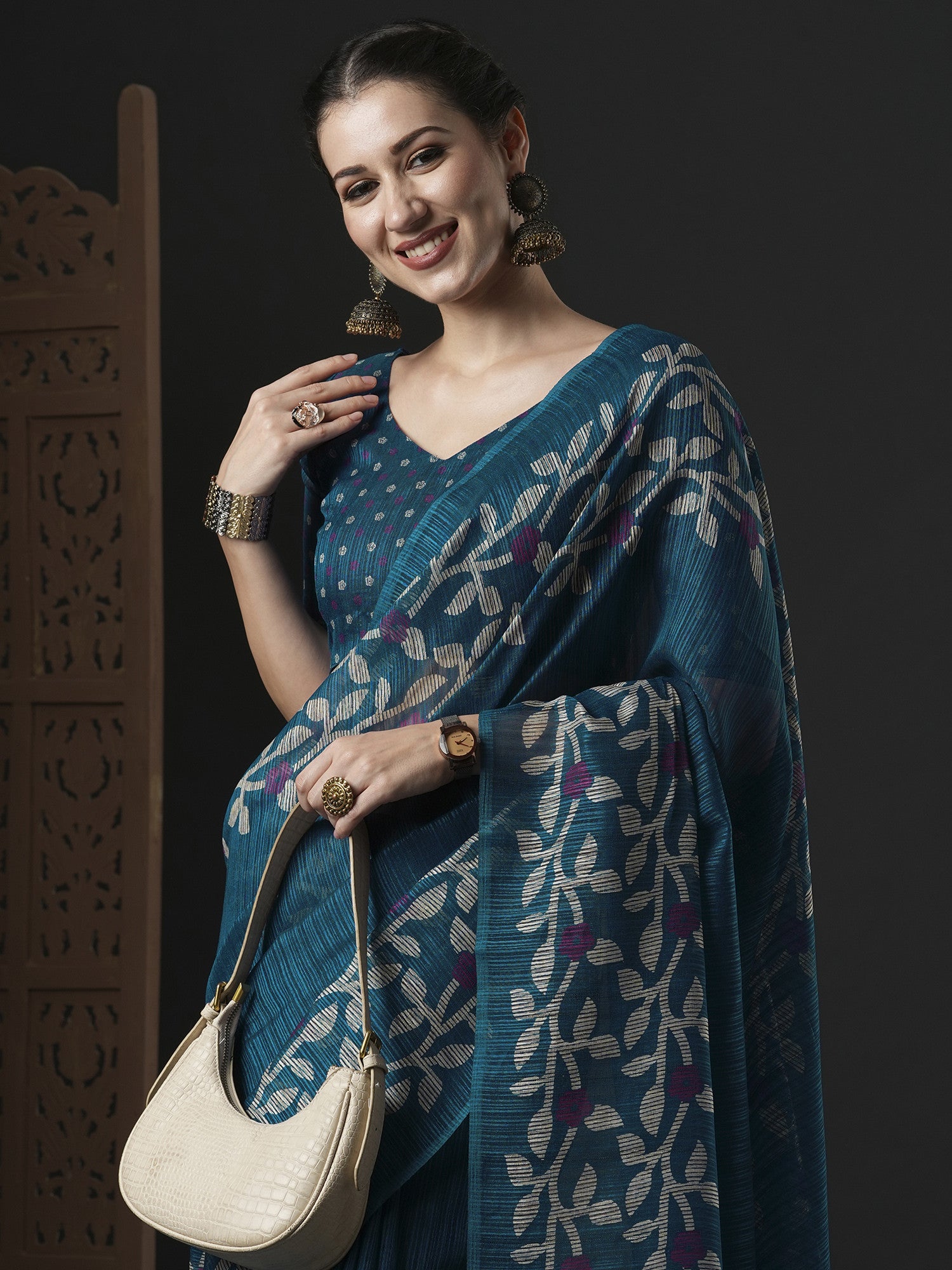 Women's Cotton Slub Blue Printed Designer Saree with Blouse Piece