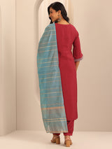 Women's Red Yoke Design Straight Kurta With Salwar and Dupatta