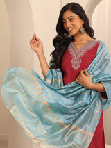 Women's Red Yoke Design Straight Kurta With Salwar and Dupatta