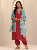 Women's Red Yoke Design Straight Kurta With Salwar and Dupatta