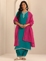 Women's Green Yoke Design Straight Kurta With Salwar and Dupatta