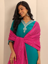 Women's Green Yoke Design Straight Kurta With Salwar and Dupatta