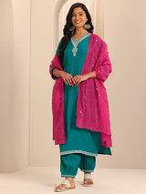 Women's Green Yoke Design Straight Kurta With Salwar and Dupatta