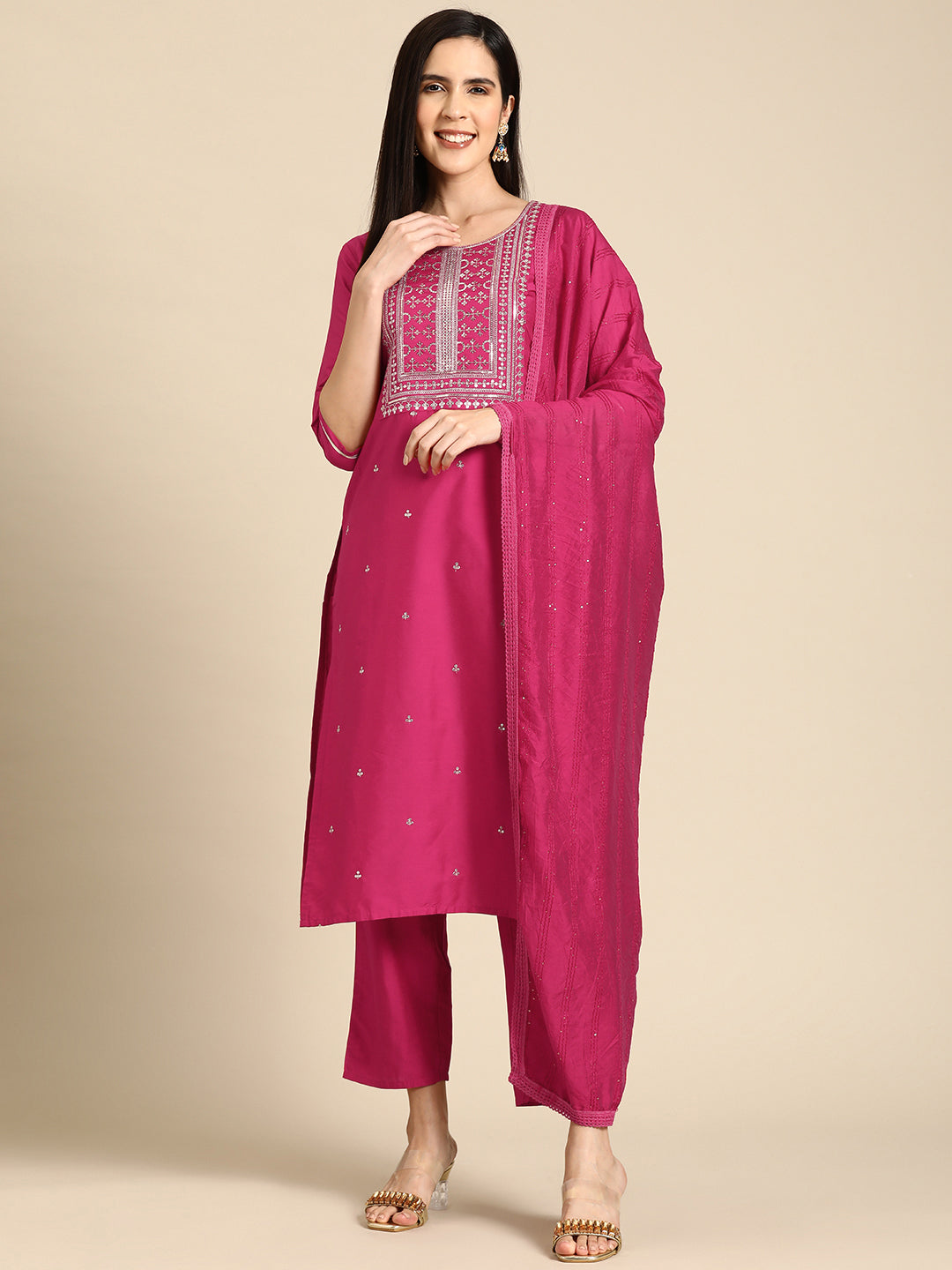 Women's Pink Silk Blend Yoke Design Straight Kurta with Pink Silk Blend Trouser and Pink Silk Blend Dupatta