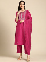 Women's Pink Silk Blend Yoke Design Straight Kurta with Pink Silk Blend Trouser and Pink Silk Blend Dupatta