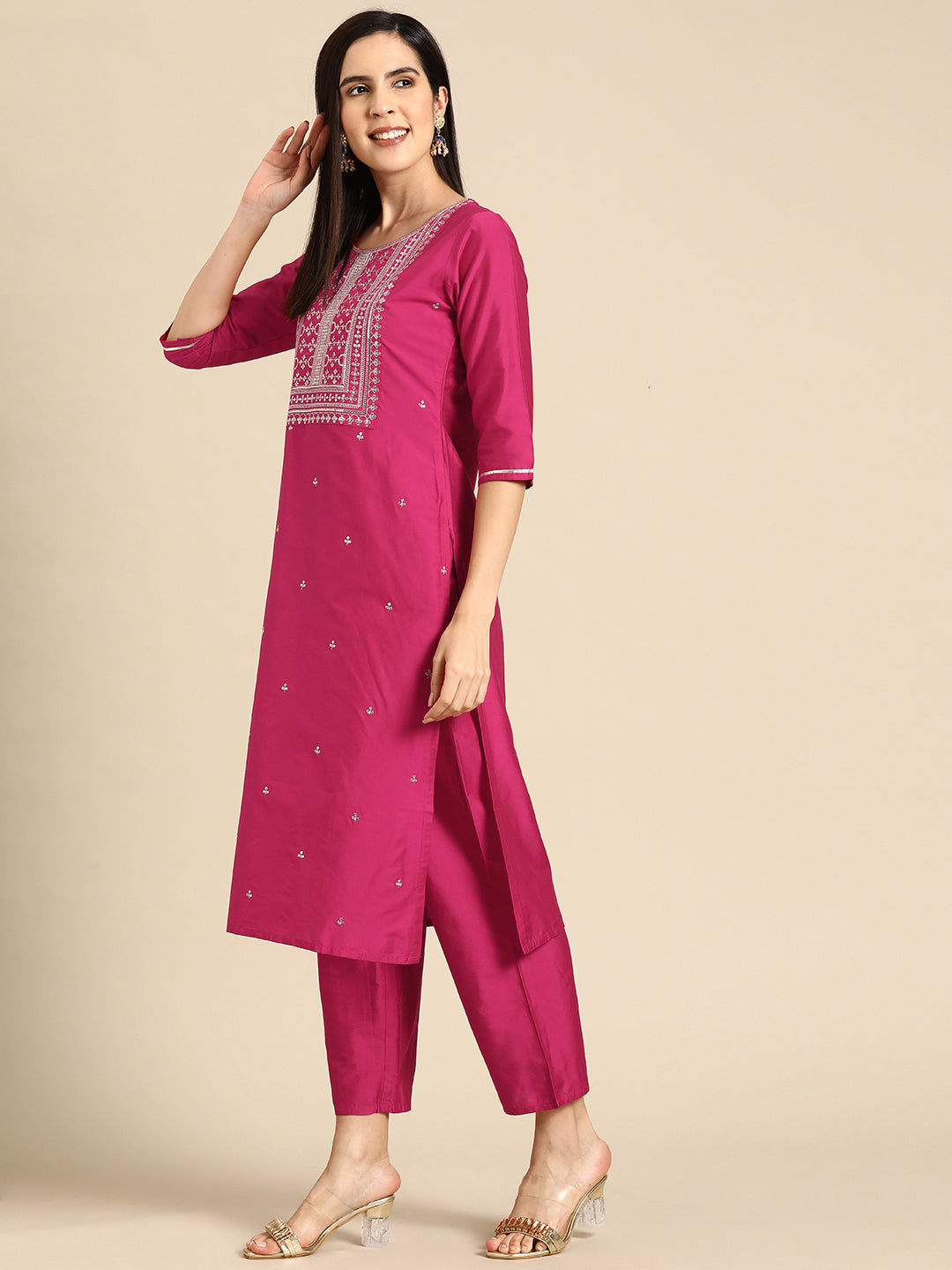 Women's Pink Silk Blend Yoke Design Straight Kurta with Pink Silk Blend Trouser and Pink Silk Blend Dupatta