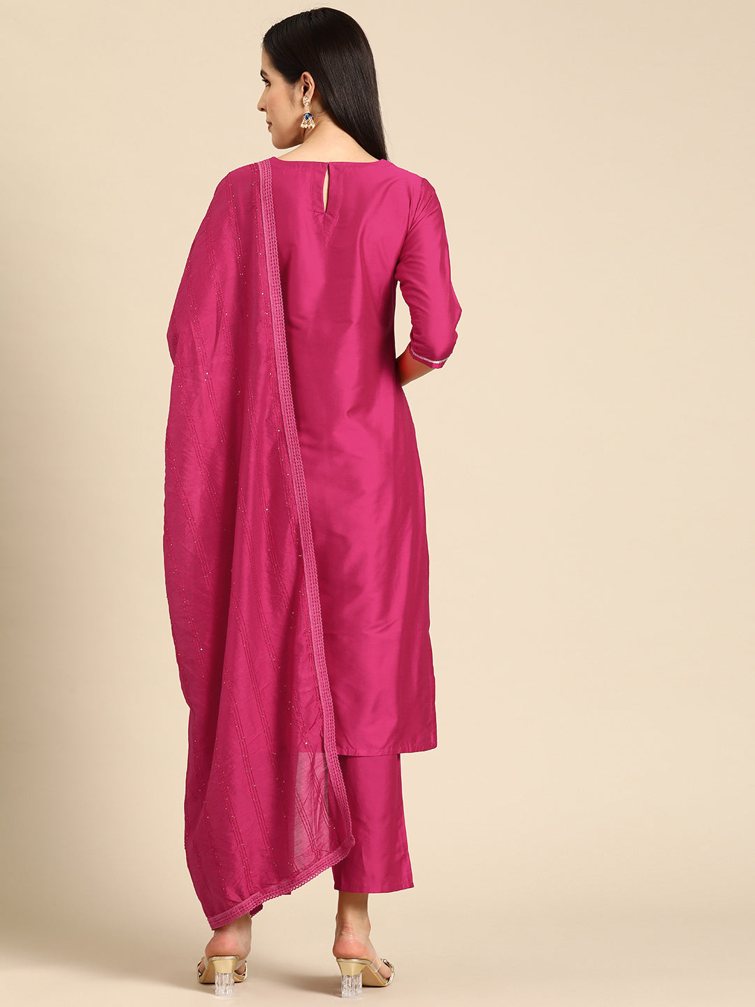 Women's Pink Silk Blend Yoke Design Straight Kurta with Pink Silk Blend Trouser and Pink Silk Blend Dupatta