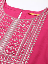 Women's Pink Silk Blend Yoke Design Straight Kurta with Pink Silk Blend Trouser and Pink Silk Blend Dupatta
