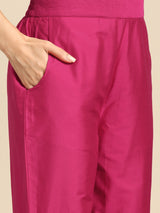 Women's Pink Silk Blend Yoke Design Straight Kurta with Pink Silk Blend Trouser and Pink Silk Blend Dupatta