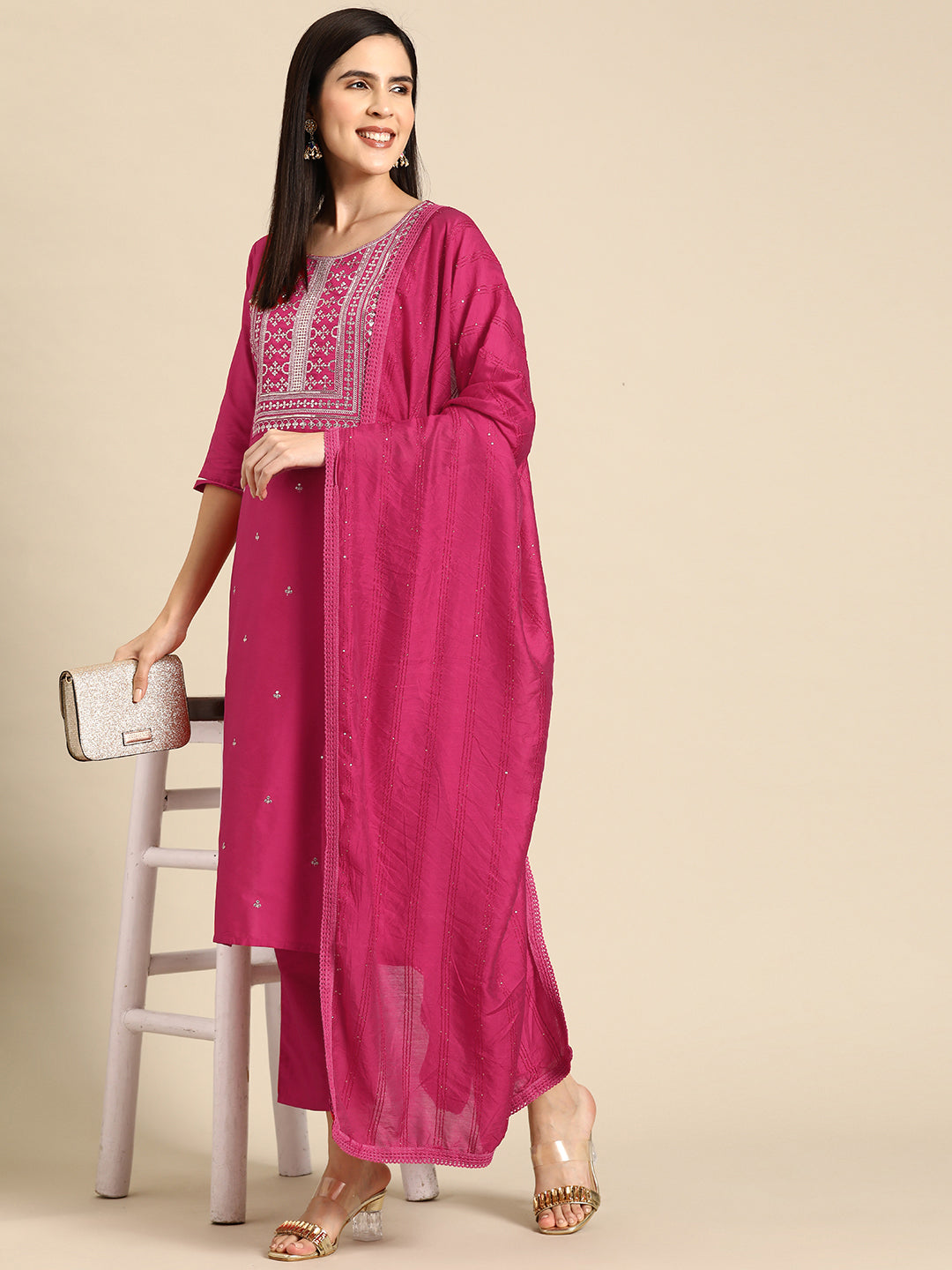 Women's Pink Silk Blend Yoke Design Straight Kurta with Pink Silk Blend Trouser and Pink Silk Blend Dupatta
