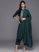 Women's Blue Silk Blend Yoke Design Straight Kurta with Blue Silk Blend Trouser and Blue Silk Blend Dupatta