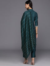 Women's Blue Silk Blend Yoke Design Straight Kurta with Blue Silk Blend Trouser and Blue Silk Blend Dupatta