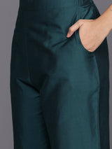 Women's Blue Silk Blend Yoke Design Straight Kurta with Blue Silk Blend Trouser and Blue Silk Blend Dupatta