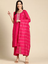 Women's Pink Silk Blend Yoke Design Straight Kurta with Pink Silk Blend Trouser and Pink Silk Blend Dupatta