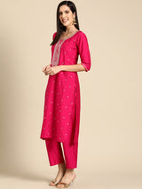 Women's Pink Silk Blend Yoke Design Straight Kurta with Pink Silk Blend Trouser and Pink Silk Blend Dupatta