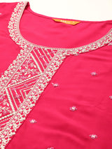 Women's Pink Silk Blend Yoke Design Straight Kurta with Pink Silk Blend Trouser and Pink Silk Blend Dupatta