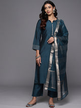 Women's Blue Silk Blend Solid Straight Kurta with Blue Silk Blend Solid Trouser and Blue Silk Blend Dupatta