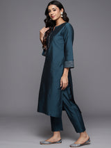 Women's Blue Silk Blend Solid Straight Kurta with Blue Silk Blend Solid Trouser and Blue Silk Blend Dupatta