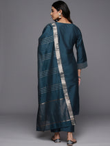 Women's Blue Silk Blend Solid Straight Kurta with Blue Silk Blend Solid Trouser and Blue Silk Blend Dupatta