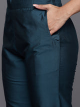 Women's Blue Silk Blend Solid Straight Kurta with Blue Silk Blend Solid Trouser and Blue Silk Blend Dupatta