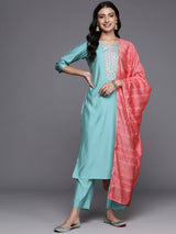 Women's Blue Silk Blend Yoke Design Straight Kurta with Blue Silk Blend Trouser and Peach Silk Blend Dupatta