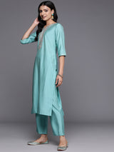Women's Blue Silk Blend Yoke Design Straight Kurta with Blue Silk Blend Trouser and Peach Silk Blend Dupatta