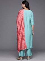Women's Blue Silk Blend Yoke Design Straight Kurta with Blue Silk Blend Trouser and Peach Silk Blend Dupatta