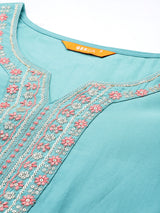 Women's Blue Silk Blend Yoke Design Straight Kurta with Blue Silk Blend Trouser and Peach Silk Blend Dupatta