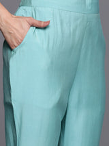 Women's Blue Silk Blend Yoke Design Straight Kurta with Blue Silk Blend Trouser and Peach Silk Blend Dupatta