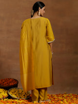 Women's Mustard Embroidered Sequiens Straight Kurta and Trouser With Dupatta