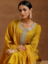 Women's Mustard Embroidered Sequiens Straight Kurta and Trouser With Dupatta