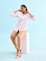 Women's Solid Beige Mid Rise Cotton Pant