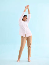 Women's Solid Beige Mid Rise Cotton Pant