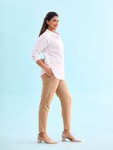 Women's Solid Beige Mid Rise Cotton Pant