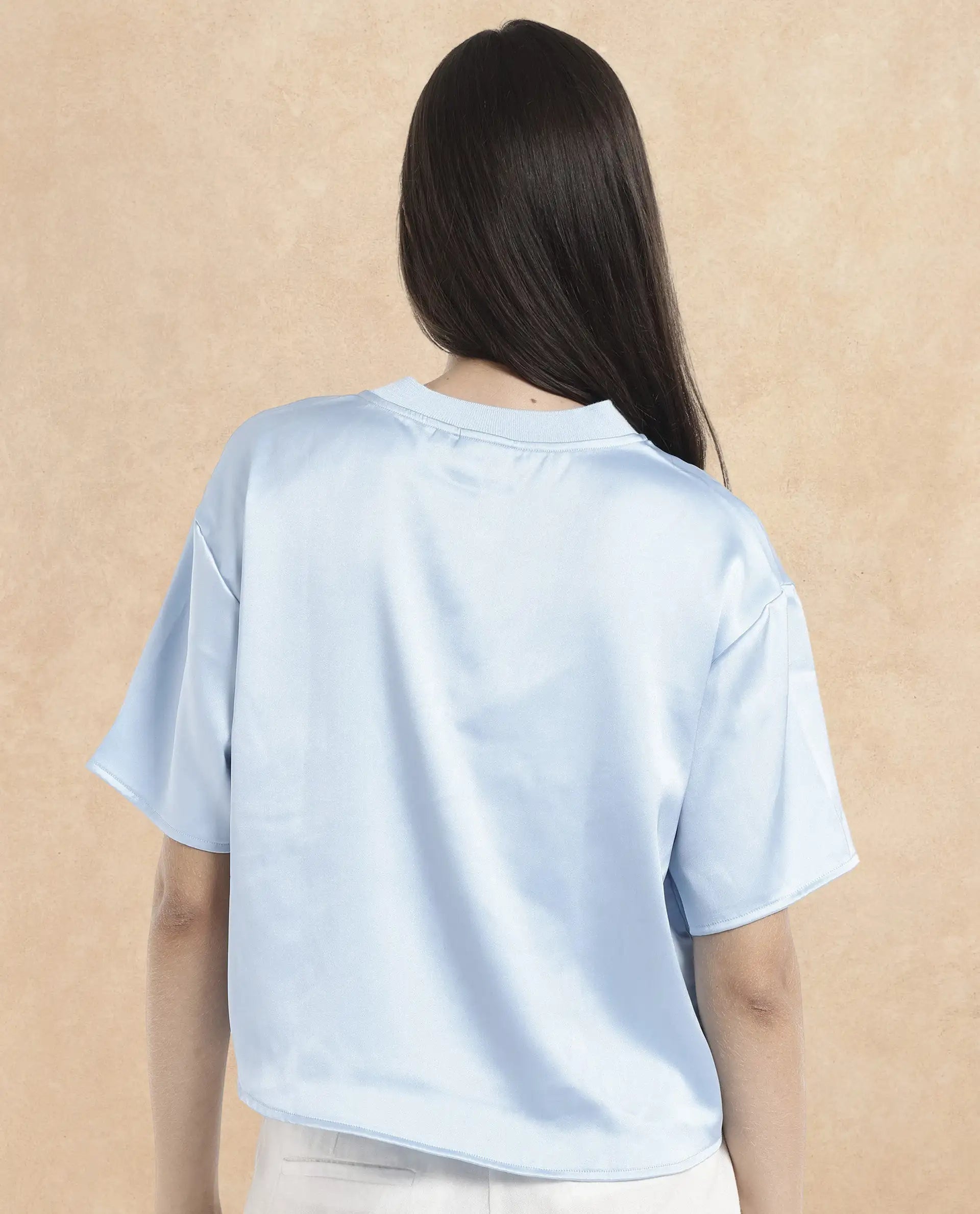 Women's Haruno Blue Short Sleeve Ribbed Collar Boxy Fit Plain Top