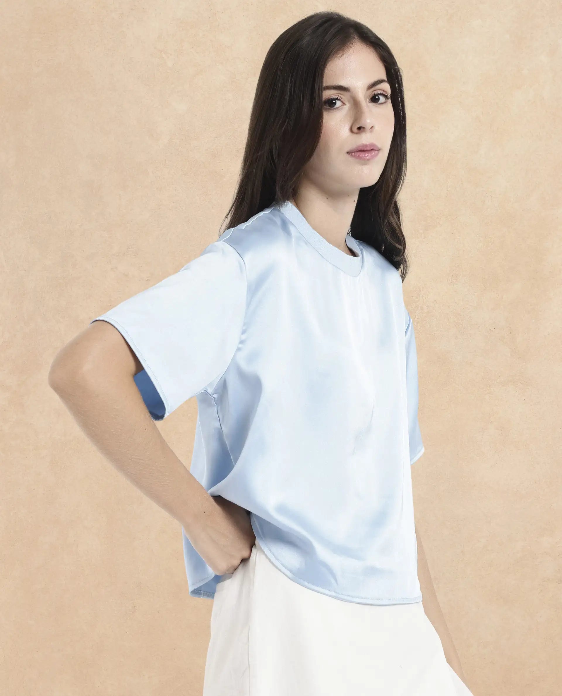 Women's Haruno Blue Short Sleeve Ribbed Collar Boxy Fit Plain Top